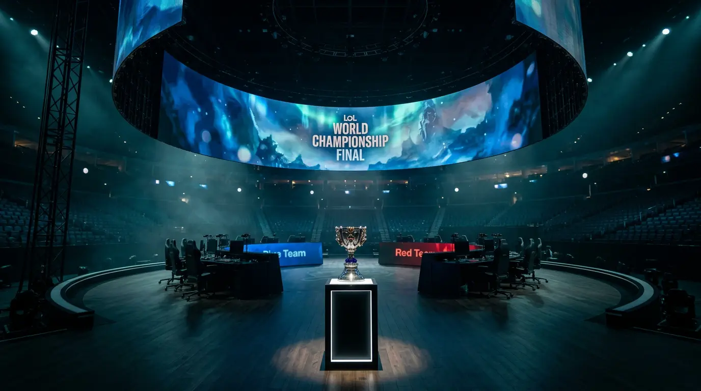 Escenario del Mundial de League of Legends con trofeo Copa del Invocador