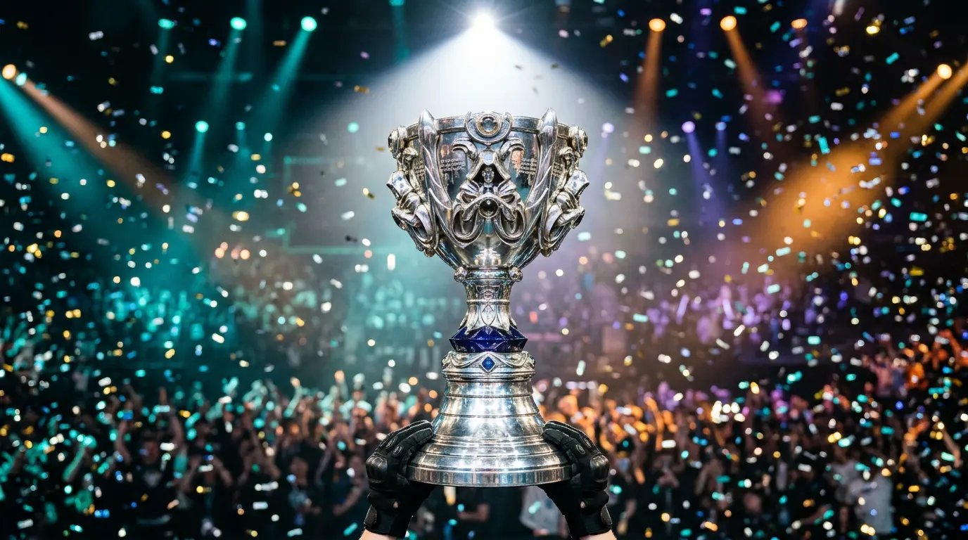 Copa del Invocador alzada en el escenario del Mundial de League of Legends