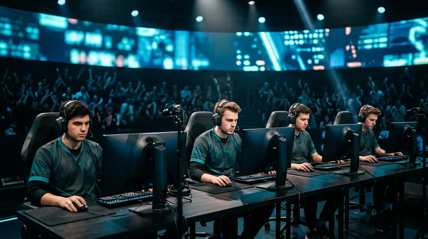 Equipo profesional de League of Legends sobre el escenario del Mundial con iluminación de torneo